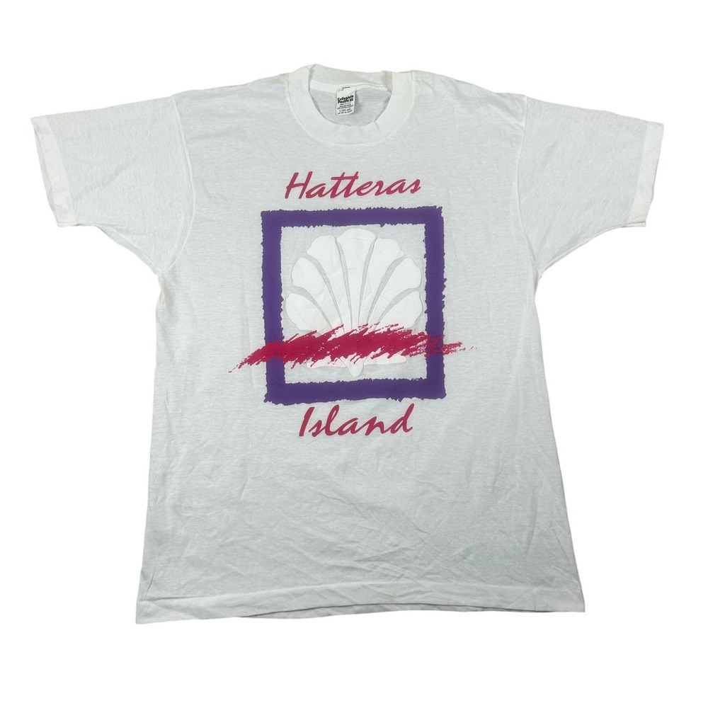 Vintage Collegiate Pacific Hatteras Island Shell‎ Graphic T-Shirt White Mens L